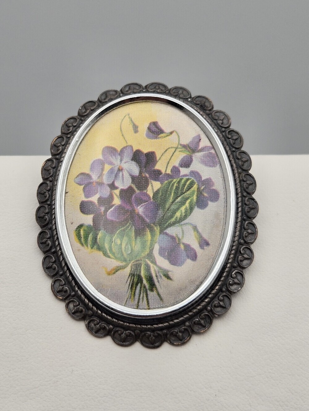 Vintage Thomas L. Mott TLM Violet Brooch Hand Painted Floral Pin Made in England